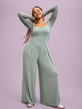 Wide-Leg Sage Green Jumpsuit with sweetheart Neck